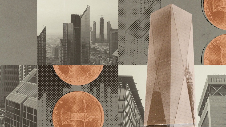 A photo collage of skyscrapers in Dubai and copper-colored coins