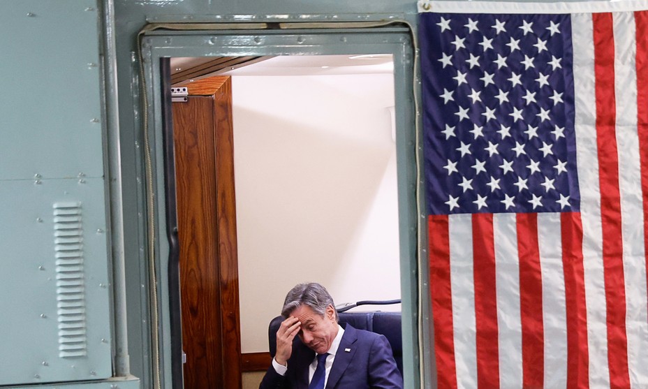 Picture of US Secretary of State Antony Blinken onboard a plane departing Tel Aviv for Jordan on November 3, 2023, amid the Israel-Hamas conflict