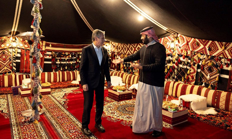 Picture of United States Secretary of State Antony Blinken (left) meeting with Saudi Arabian Crown Prince Mohammed bin Salman (right) in Al-'Ula, Saudi Arabia, on January 8, 2024.