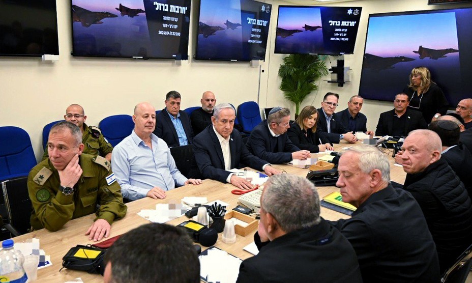 Picture of Israel's war cabinet, chaired by Prime Minister Benjamin Netanyahu, meeting to discuss a drone attack launched by Iran in Tel Aviv on April 14, 2024.