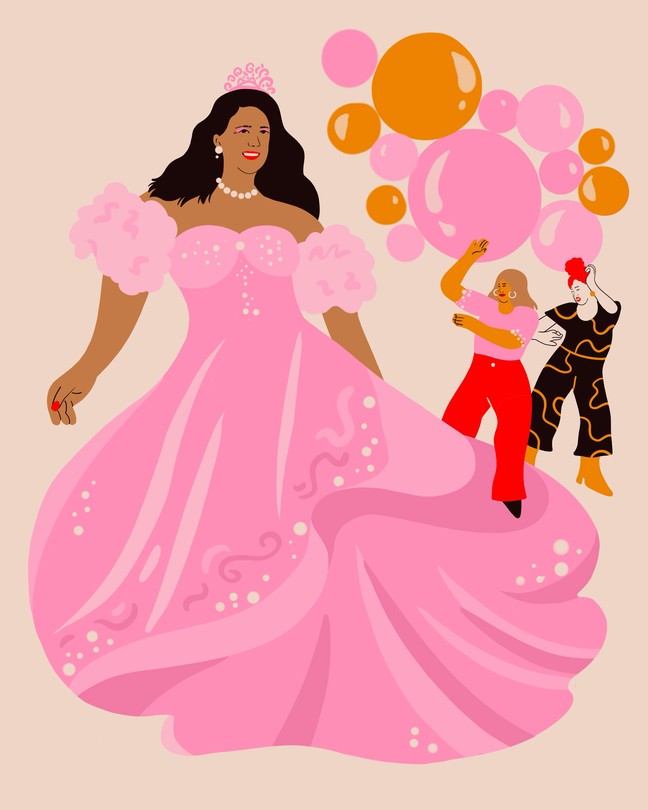 a woman in a Quinceañera gown dancing next to two women