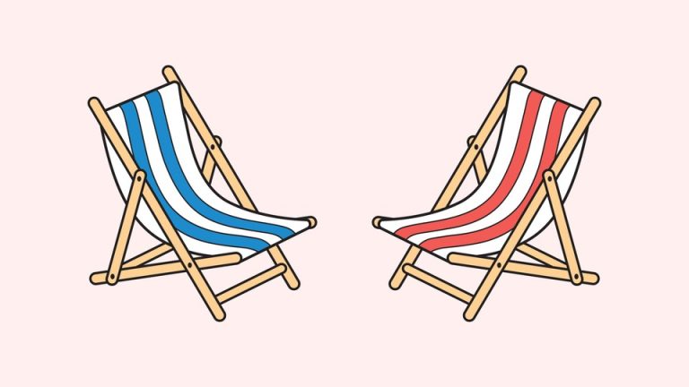 one red and one blue empty recliner deck chairs facing each other