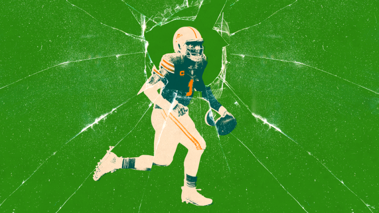 An illustration of Tua Tagovailoa behind broken glass