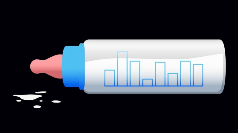 Illustration of a baby bottle overlaid with a bar graph