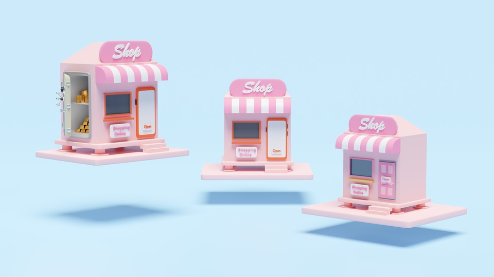 Three small pink shops hovering in the air