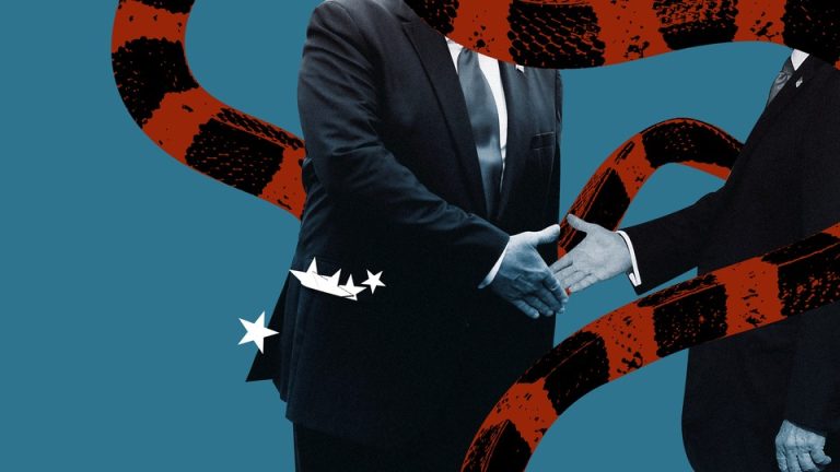 On a deep cerulean background a person is wearing a suit with white stars falling out of their jacket pocket. They reach to shake hands with another person in a suit. Red and black snakes entangle the duo.