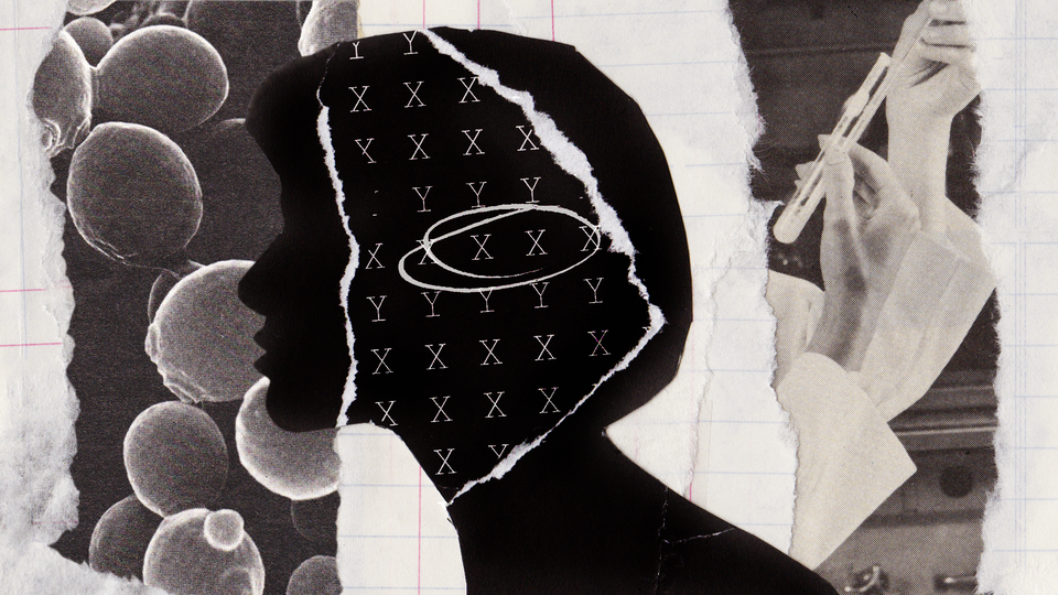 A black silhouette of a women with a page of Xs and Ys torn through (three Xs are circled) against a backdrop of notebook paper, with a torn strip depicting cells and one depicting hands with a vial cutting vertically through