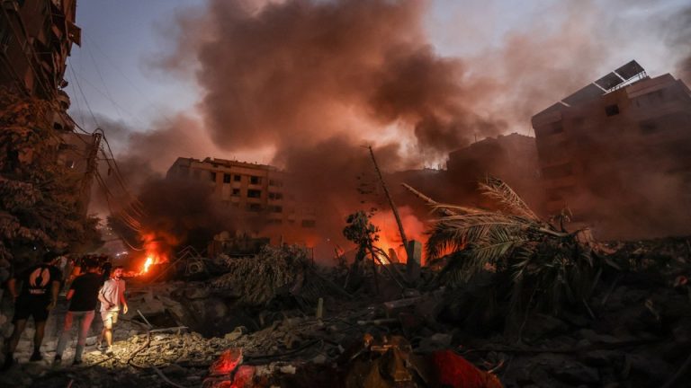 Buildings and rubble after an Israeli air strike in Beirut