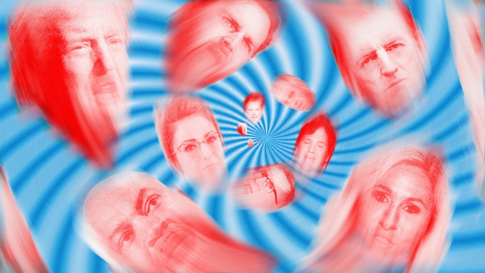 Faces of Republican leaders twirling around hypnotic spyral