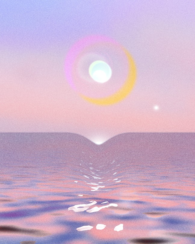 Illustration of a white star with a yellow and pink aura over a parting rose-colored ocean.