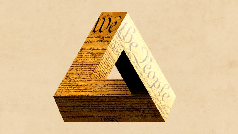 A graphic illustration of the U.S. Constitution fashioned into the Penrose-triangle optical illusion.