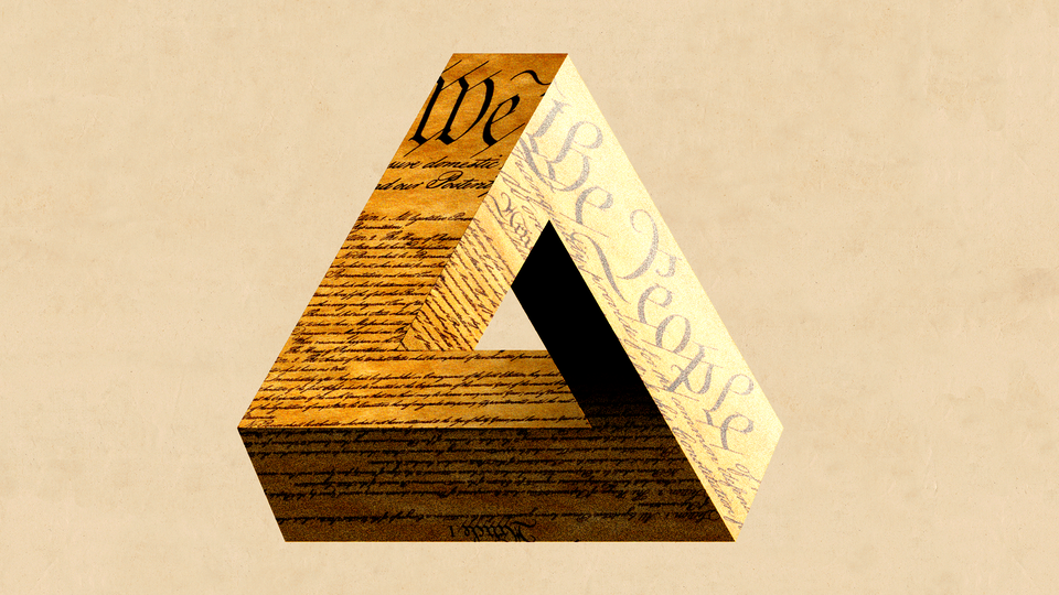 A graphic illustration of the U.S. Constitution fashioned into the Penrose-triangle optical illusion.