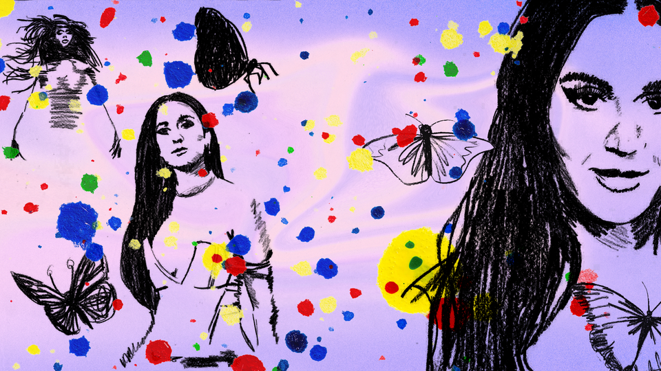 An illustration of Katy Perry rendered in three different charcoal-like sketches, surrounded by butterfly sketches and bright paint splotches on a light-purple background