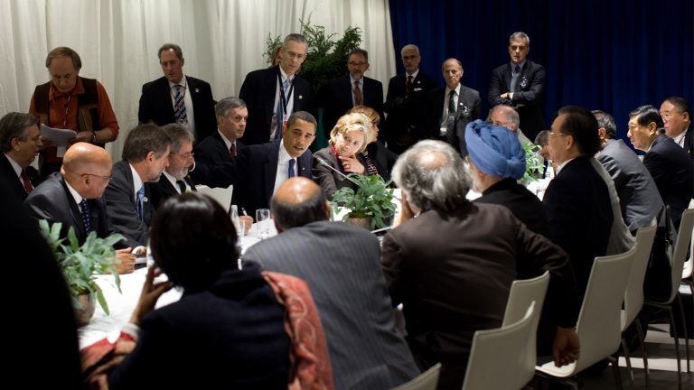 President Barack Obama speaks during a meeting with global leaders