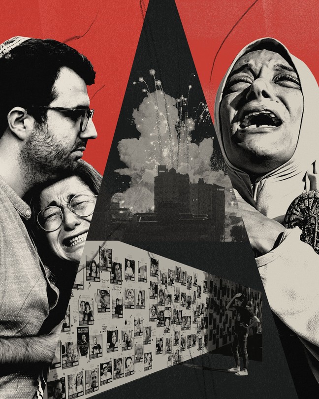 A collage of a man in a yarmulke and a woman crying, a woman in a hijab crying, bombs and a wall of posters