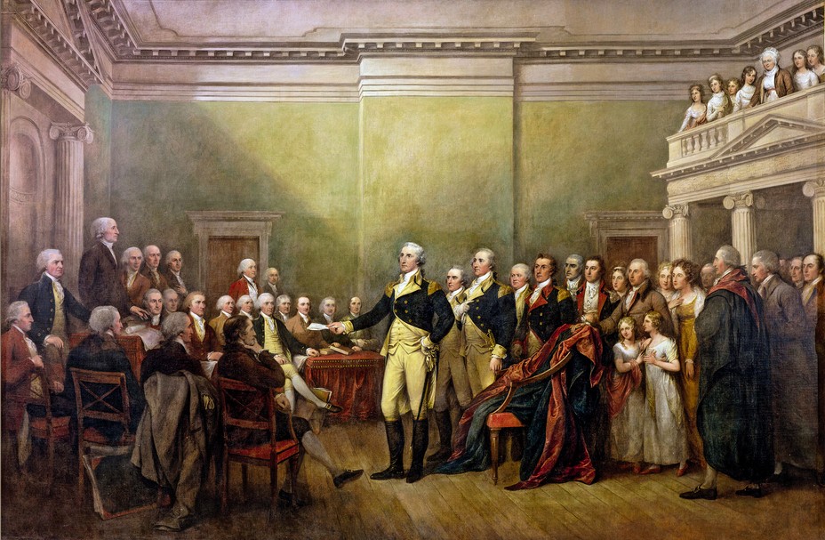 A painting of George Washington extending his hand, holding a piece of paper, to an assembled group of seated men with a crowd of spectators including women and children behind him.