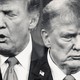 Two black and white photos of Donald Trump side by side.