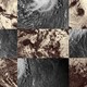 An illustration featuring a collection of images of Hurricane Milton as seen from outer space, in muted colors