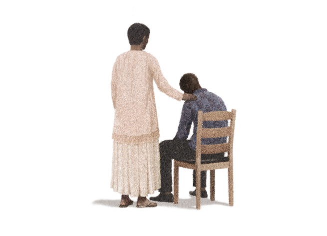 illustration of view from behind of person standing with their arm on the shoulder of another person sitting slumped forward in a wooden chair