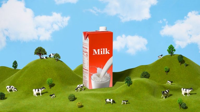 A big carton of milk in a green field amidst trees and cows.