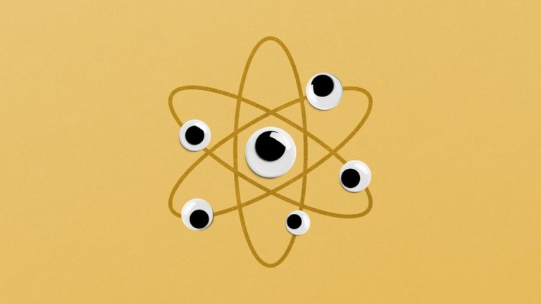 Illustration of a diagram of an atom with a googly eye as the nucleus and more googly eyes circling as electrons