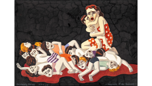 painting of horrified woman wearing red with white polka dots, clutching living child in her arms while crouching next to tangled pile of dead children in pool of red blood with black background