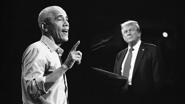 Black and white photo collage of Barack Obama and Donald Trump