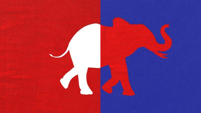 An illustration of an elephant half in red and half in blue