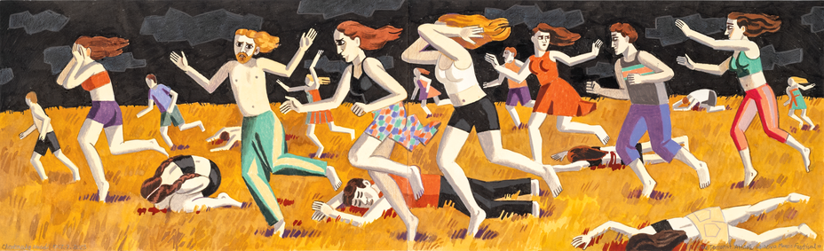 wide painting of women and men running to the left across yellow field in terror, with bloody bodies on ground, against black sky