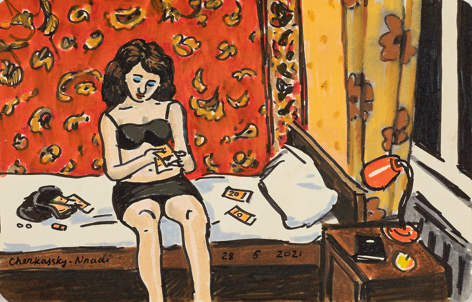 painting of woman in black bra and skirt sitting on bed counting money with tapestry, curtain, and bedside table