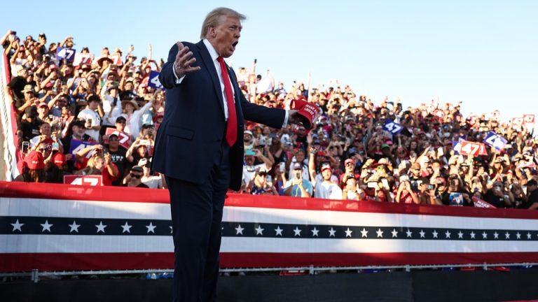 Trump shouts at a rally in front of a crowd