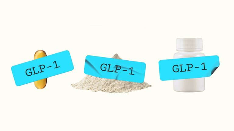 An illustration of a pill, powder, and pill container with the label "GLP-1" on top