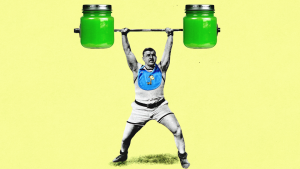 An illustration of a body builder lifting green jars of baby food