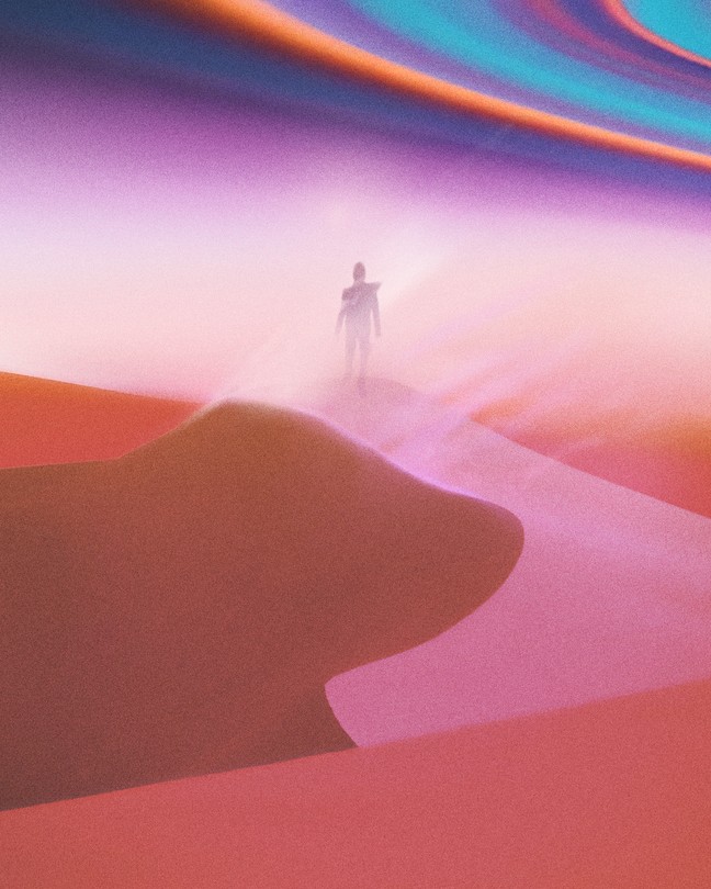 Multicolor illustration of a person in a desert