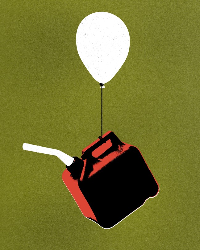 An illustration of a gas can buoyed up by a balloon