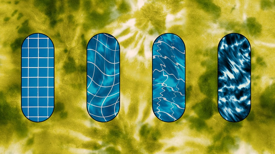 Illustration of four blue pill shapes with varyingly wavy white lines over a psychedelic green background