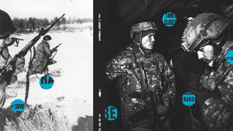 Left: Russian troops on the offensive in Poland in 1945. Right: Ukrainian troops patrol at the front line outside in 2022.