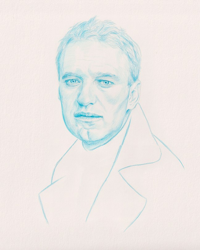 A sketch, in light blue over a peach background, of a man with wavy hair with just the outline of a jacket.