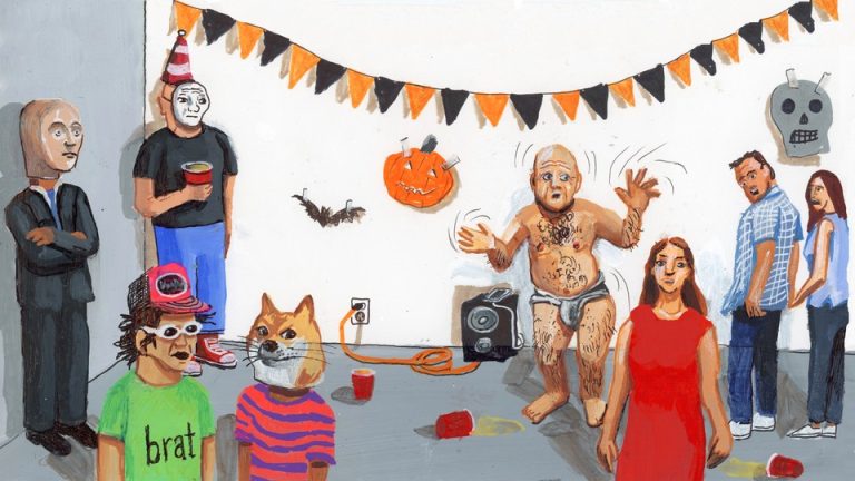 A halloween party with several characters standing around in different meme costumes. Stonks guy, Brat Summer, Doge, Distracted Boyfriend and Dancing Baby are in attendance.