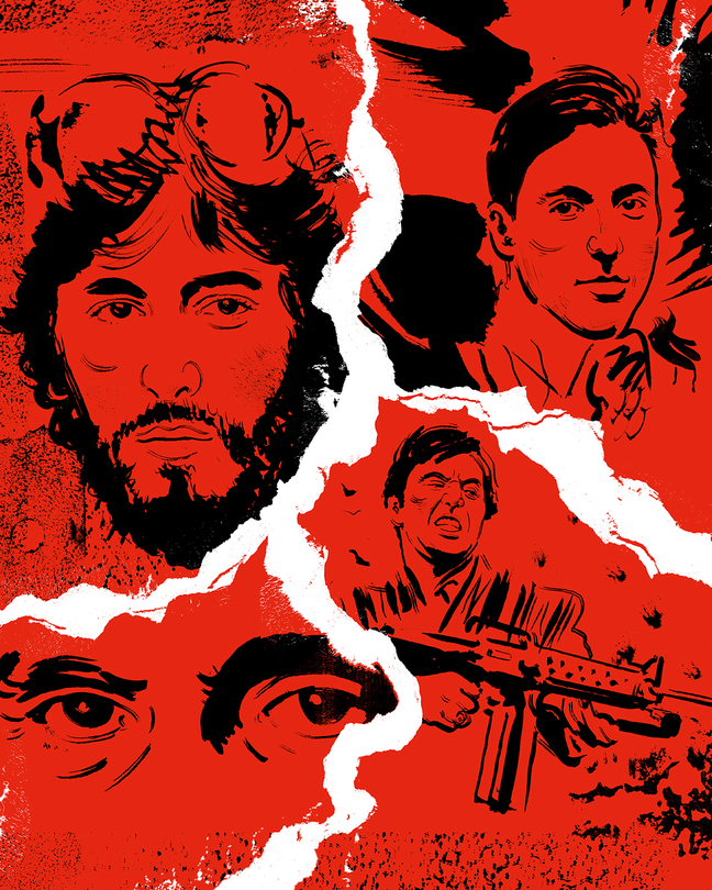 Black-ink sketches of four different Pacino characters on red background separated by jagged white lines