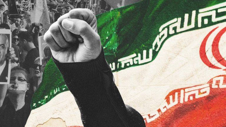 A collage shows an Iranian flag and a raised fist partly obscuring a black and white image of a protest.