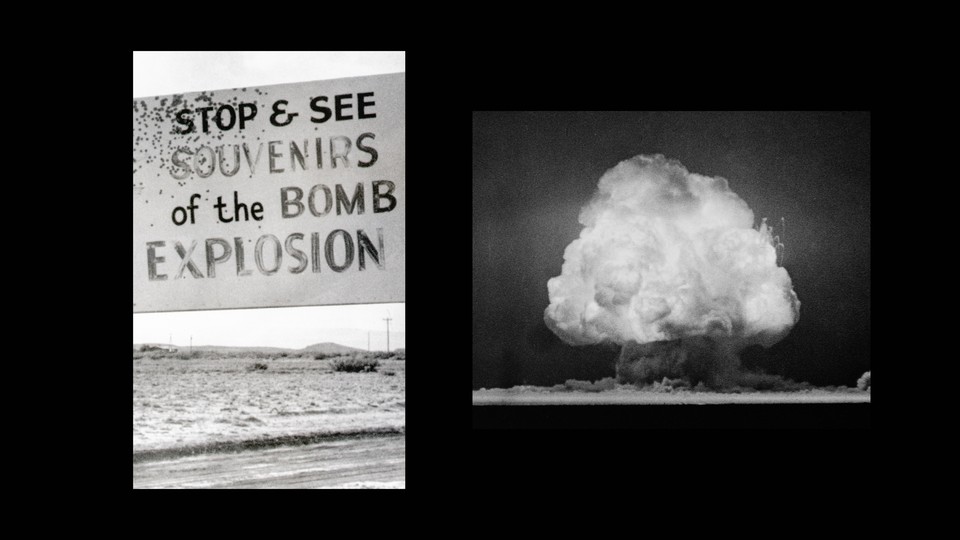 A photo of a 1961 sign advertising "SOUVENIRS of the BOMB EXPLOSION," next to a photo of the Trinity-test mushroom cloud