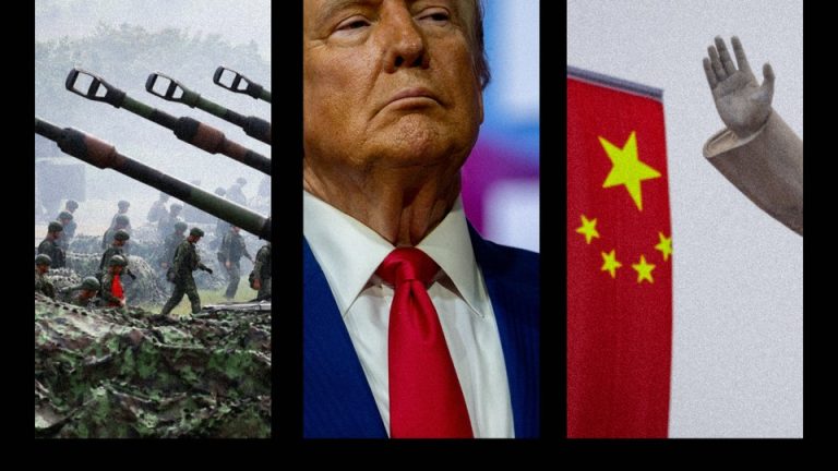 A photo-illustration featuring Trump, a Chinese flag, and Taiwanese troops