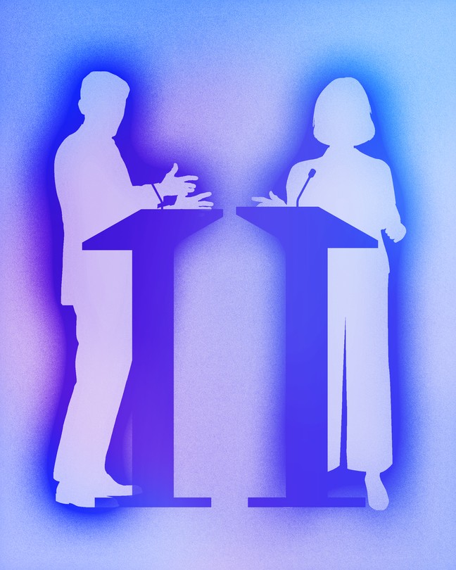 Silhouettes of two people debating