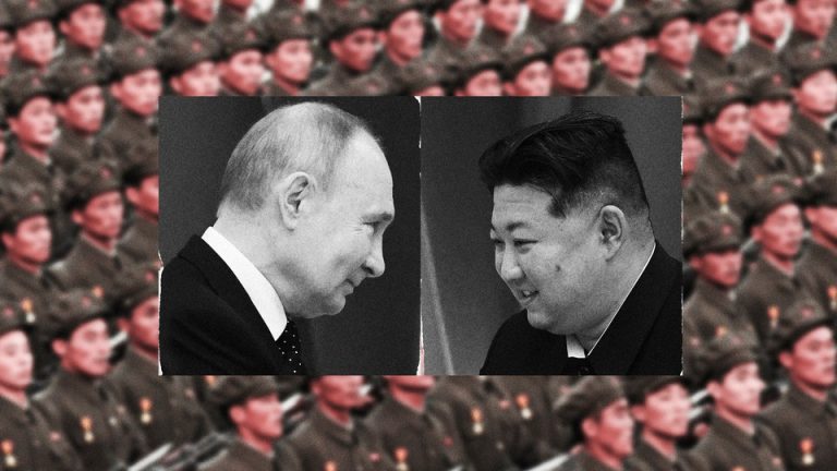 Images of Vladimir Putin and Kim Jong Un superimposed over a photo of North Korean soldiers