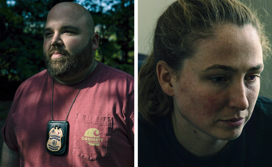 2 photos: man with shaved head and beard wearing red t-shirt and police badge around neck; woman looking to side with hair pulled back in ponytail