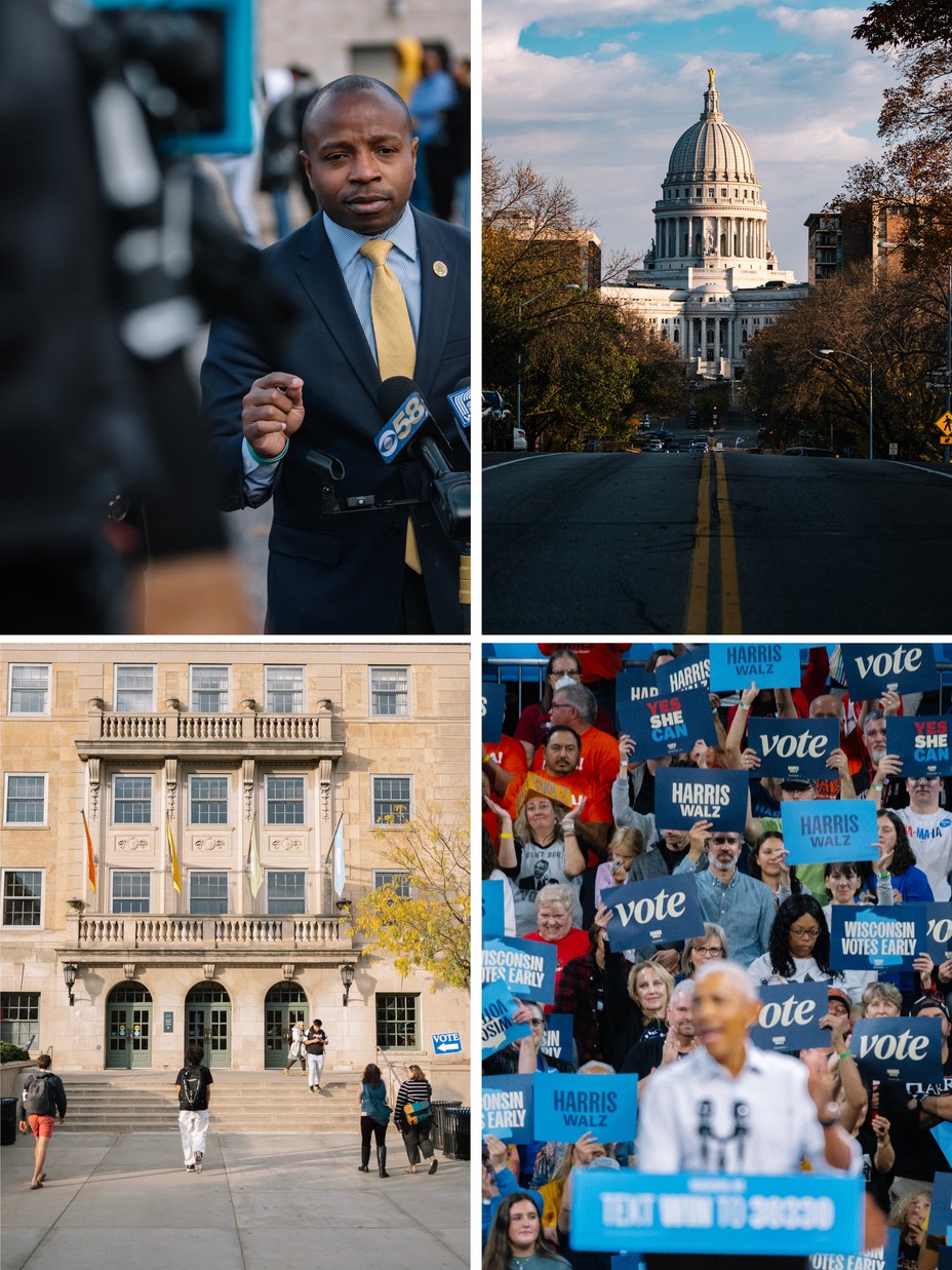 In a four image grid, a man wearing a gold tie talks to the media, the capitol of Wisconsin in Madison, students walk into a university building, and people hold vote signs behind Barack Obama