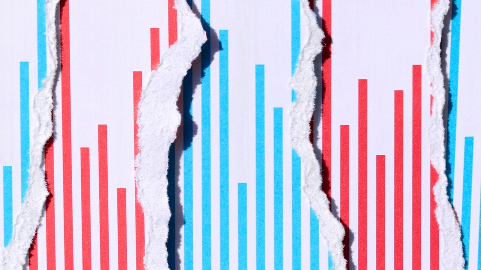 Blue-and-red bar graphs overlap as though on ripped, overlaid sheets of paper.