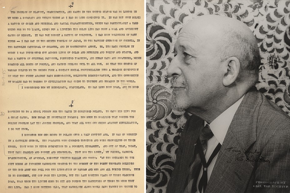 diptych of W.E.B. Du Bois's portrait and a page from his speech Tribute to the Warsaw Ghetto Fighters in 1952