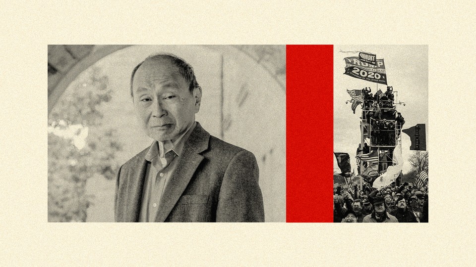 A collage showing Francis Fukuyama and Trump supporters